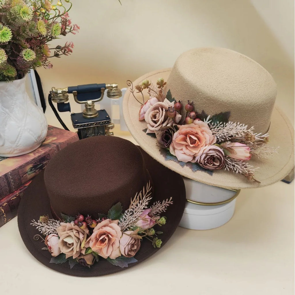 Fedora Hats Women's Flower flat cap Fashion Autumn Winter Warm Flat Top Basin Hats British Vintage Top Hats