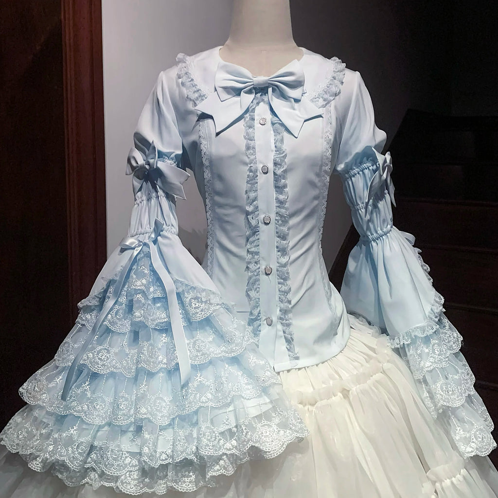 Long Sleeve Tops Spring Autumn Long Sleeve Solid Color Shirts with Mint Doll Collar and Bowknot Single-Breasted Blouse for Women
