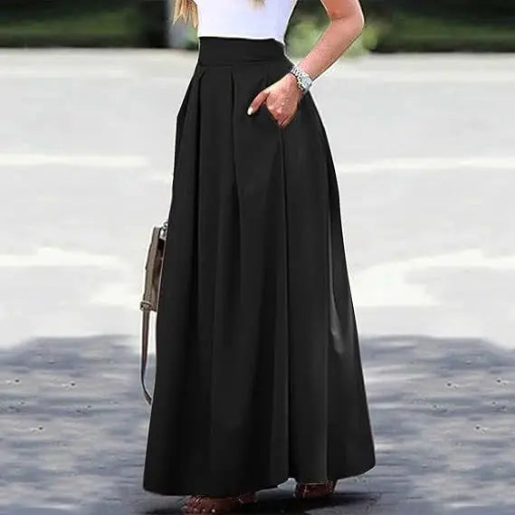 Long Skirts For Women Spring Summer High-waist Solid Color Long Skirt Women's Pocket Commuting A-line Pleated Fashion Long Skirt