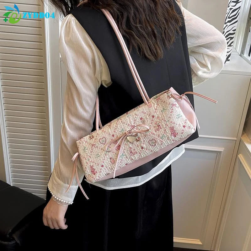 ●1Pcs Sweet Bow Shoulder Bag Cartoon Print Underarm Bag Female Tote Bag Large Capacity Commuter Handbag Holiday Gift