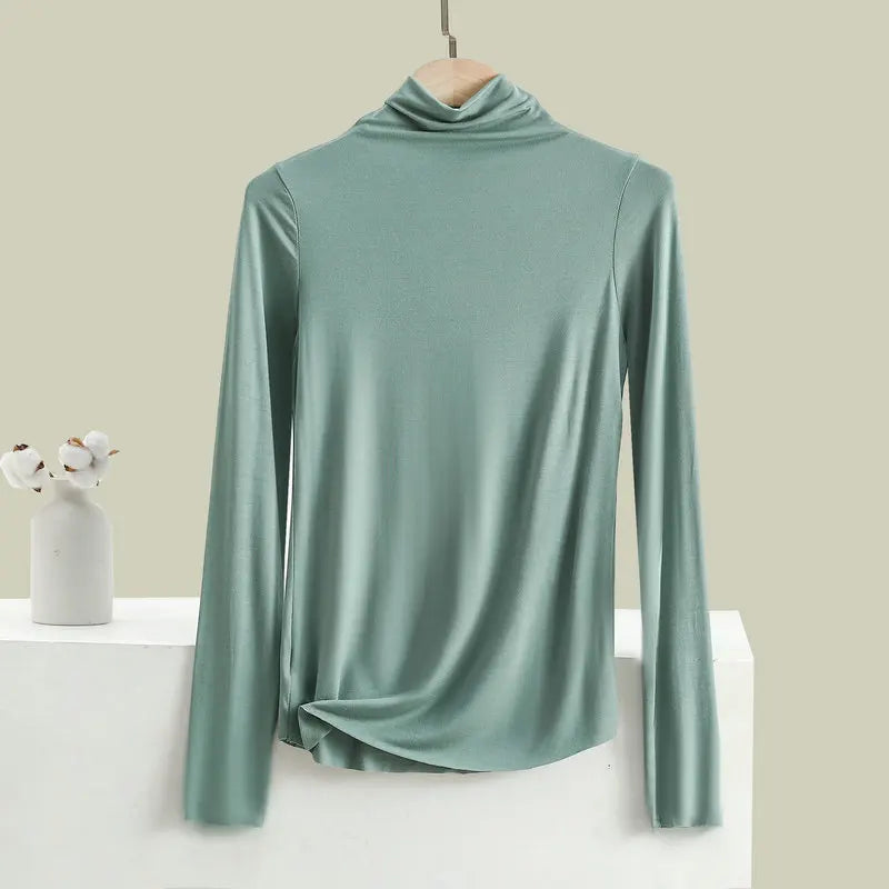 Women Autumn Bottoming Tshirt Long sleeves Mockneck Seamless T-shirt wear inside winter Tee Tops All match