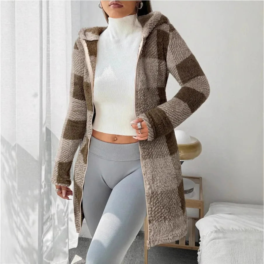Womens Coats Winter Manteau Winter Warm Plush Pocket Coat Womens Plaid Print Hooded Long Zip Cardigan Sobretudo Feminino Inverno