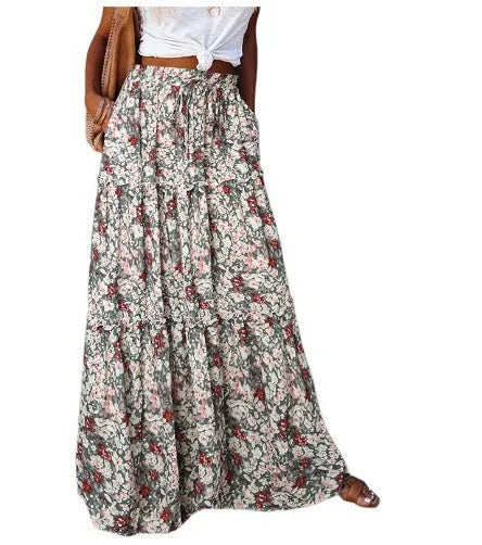 Floral Pocket Belted Pleated Maxi Skirt