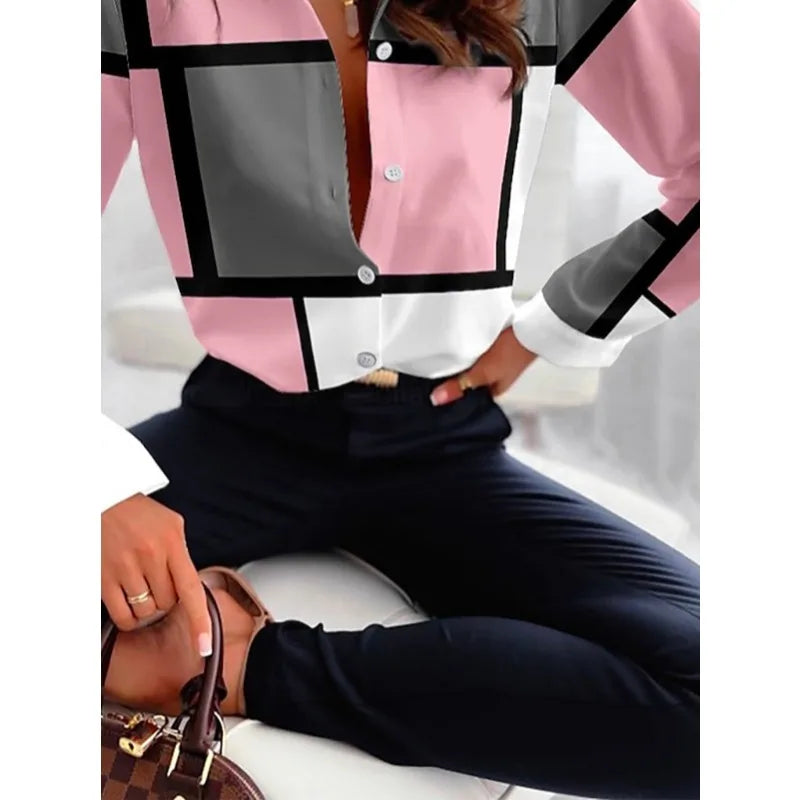 Women's Fashion Contrast Color Geometric Printed Lapel Shirt Long Sleeves Loose Fit Urban Casual Office Blouses