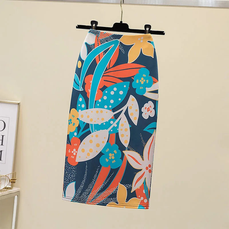 Fashion Midi Skirt For Women Flora Printed High Waist Pencil Skirt Female Causal Flower Bodycon Skirt With Slit
