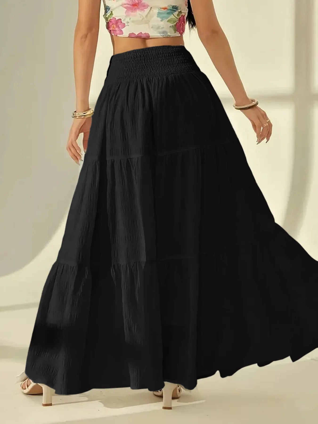 Summer Women White Tiered Maxi Skirt, High Waisted Elastic Waist Pleated Flowy Long Skirt