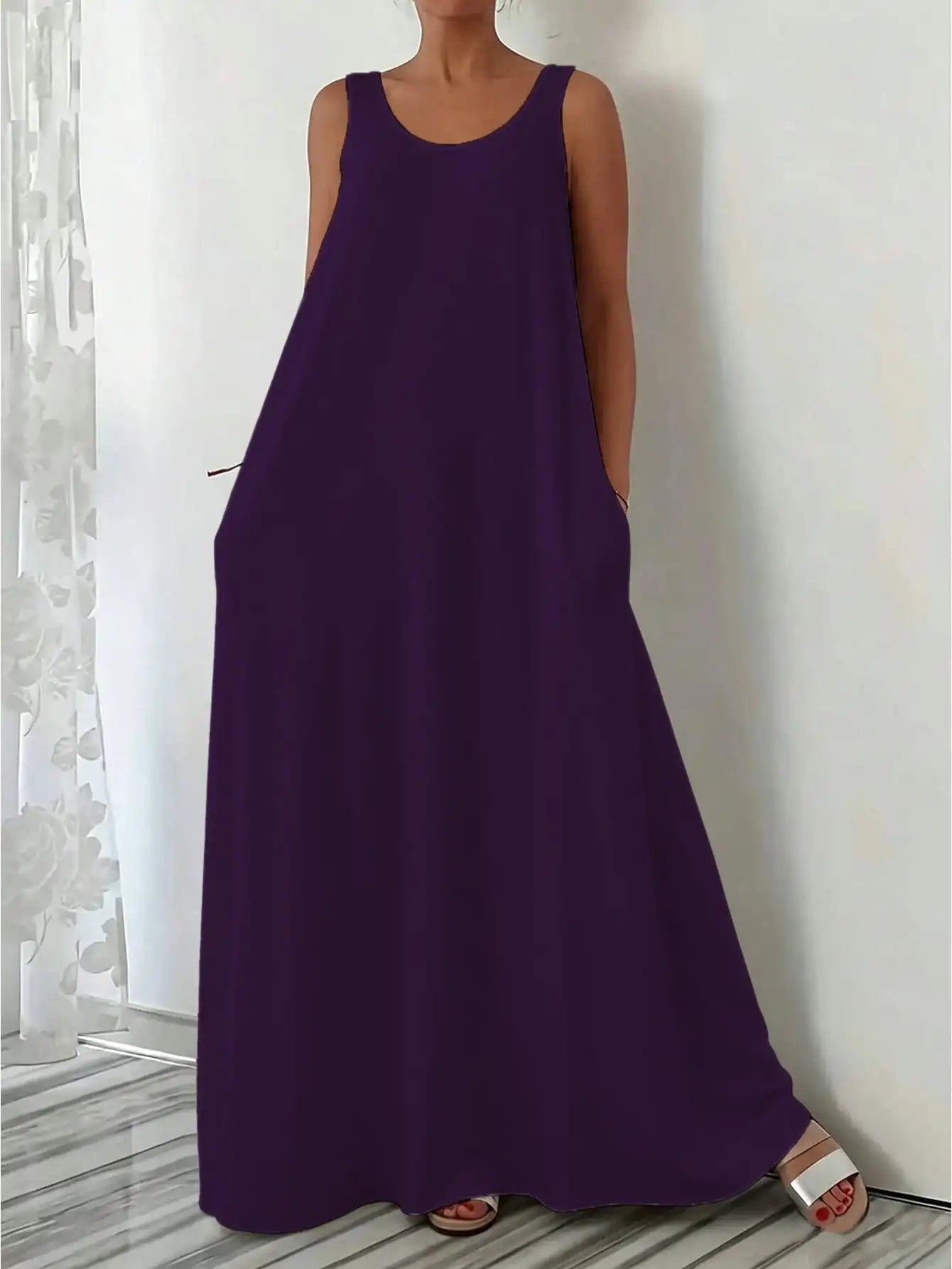 European and American new style casual fashion sleeveless loose pure color dress for women