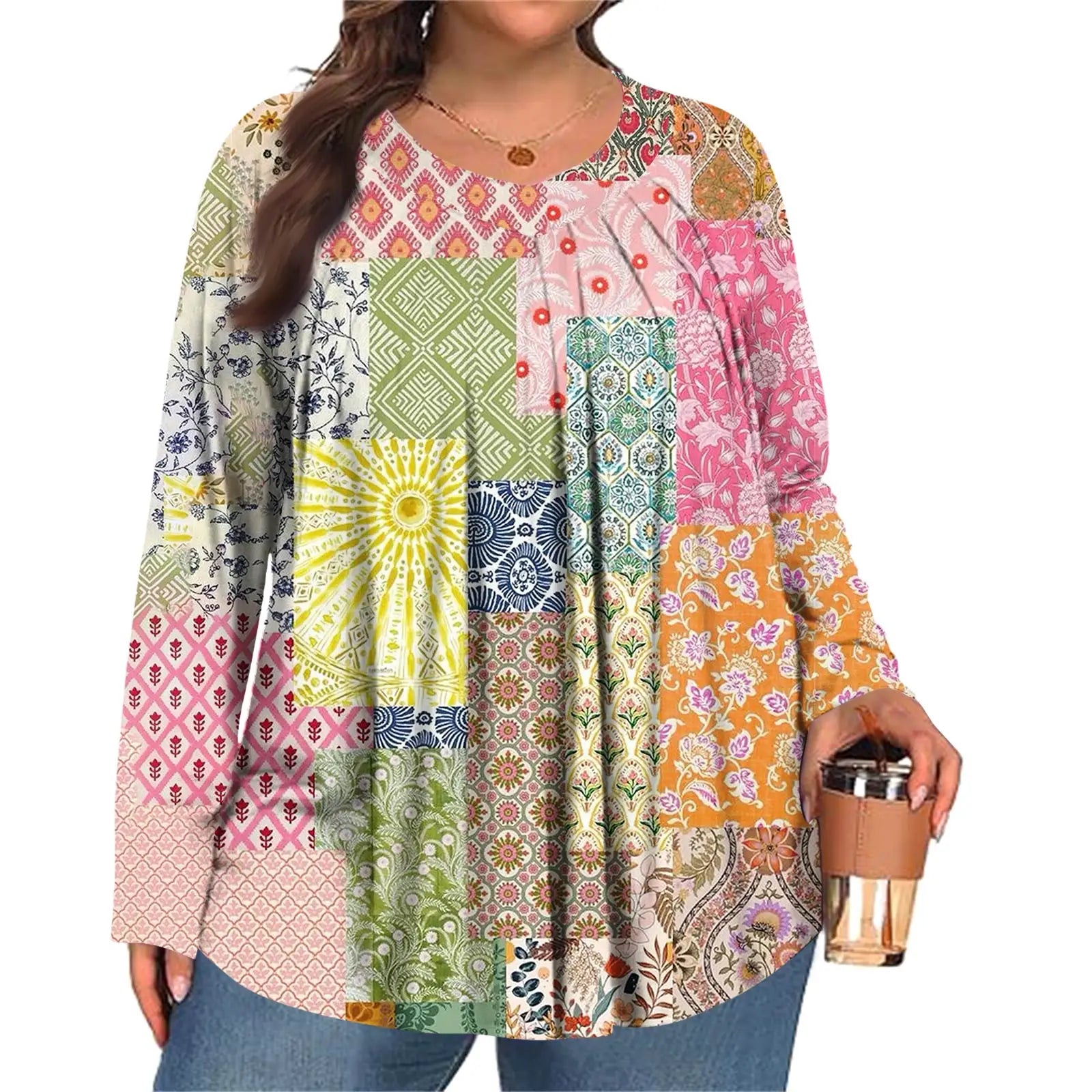 Plus Size Long Sleeve Top for Women Fashion Retro Floral Print Pleated Round Neck T-shirt Female Casual Autumn Base Shirt