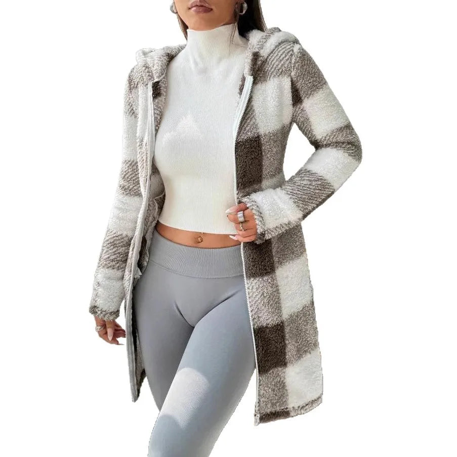 Womens Coats Winter Manteau Winter Warm Plush Pocket Coat Womens Plaid Print Hooded Long Zip Cardigan Sobretudo Feminino Inverno
