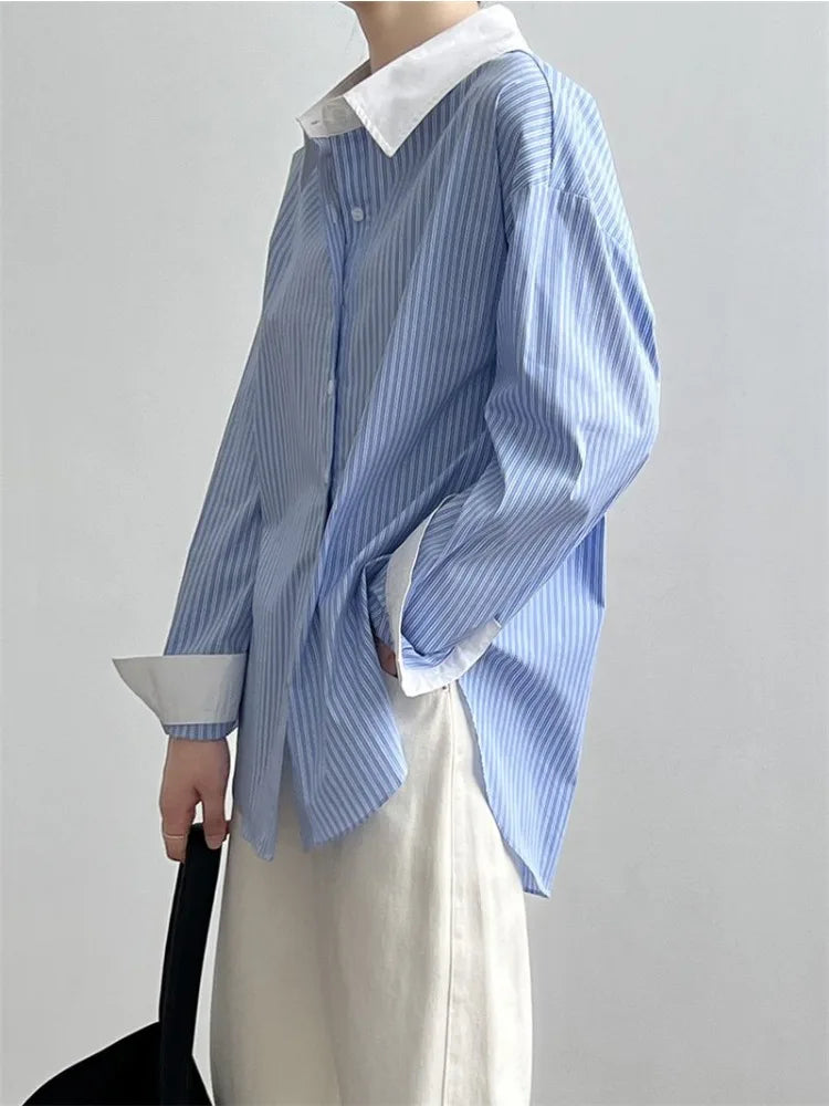 French Blue & White Striped Shirt for Women Spring New Loose Elegant Blouse Fashion Temperament Versatile Women's Shirt