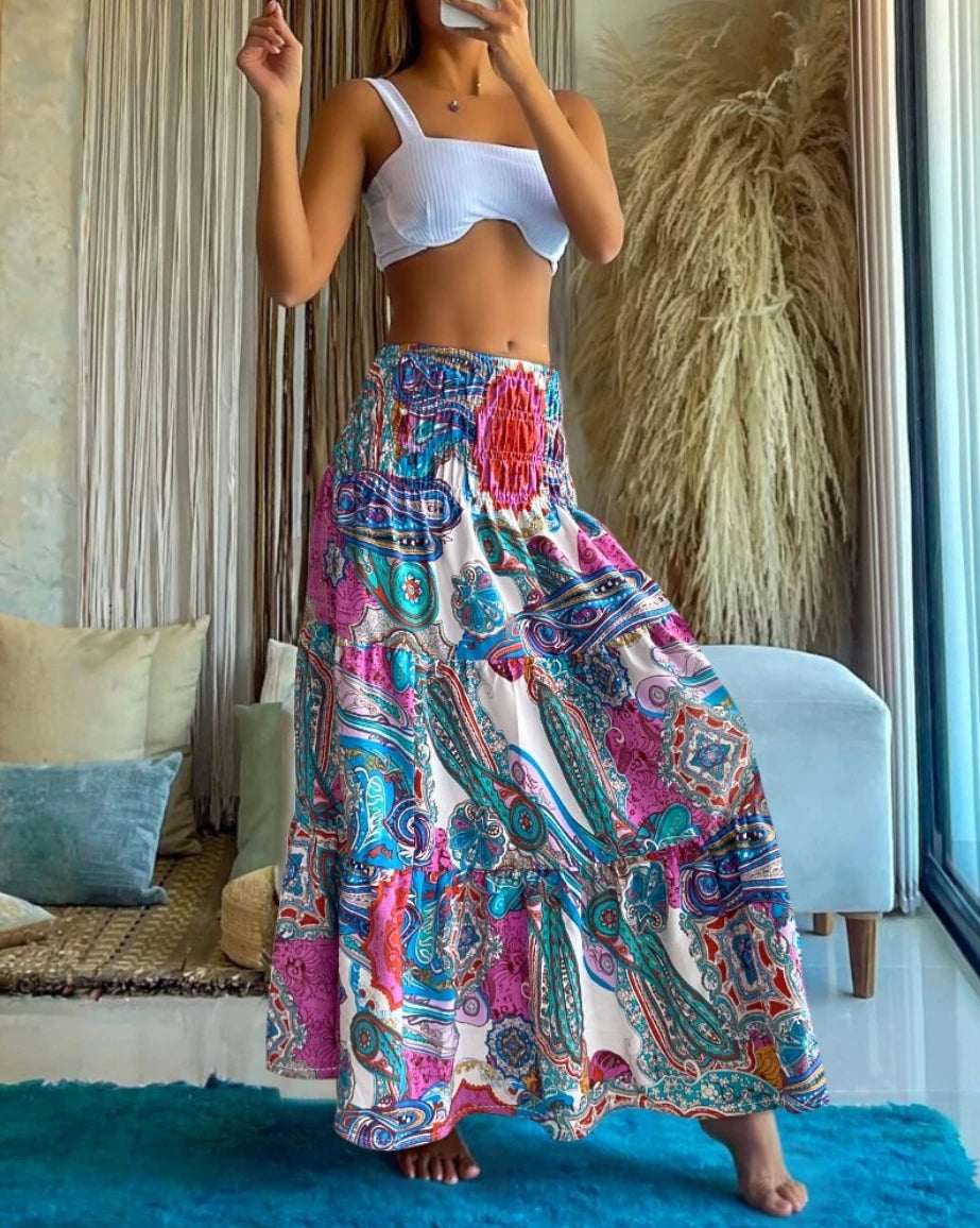 Smocked Tiered Boho Floral Maxi Skirt