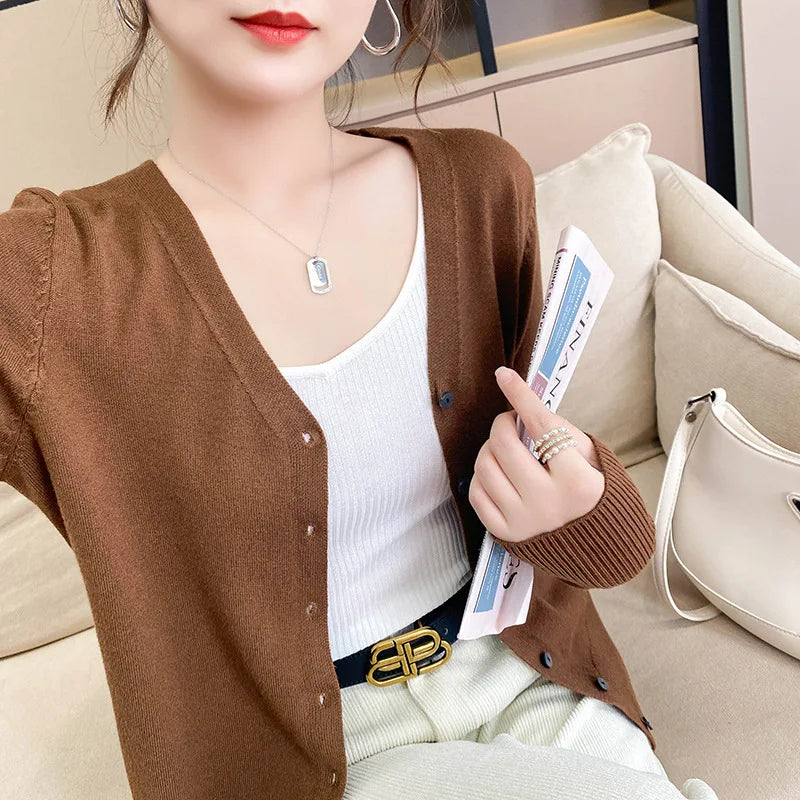 Spring Autumn Women Cardigans Loose Solid Single Breasted V-neck Pink Red Fashion Cardigan Jumpers Knitwear 2025