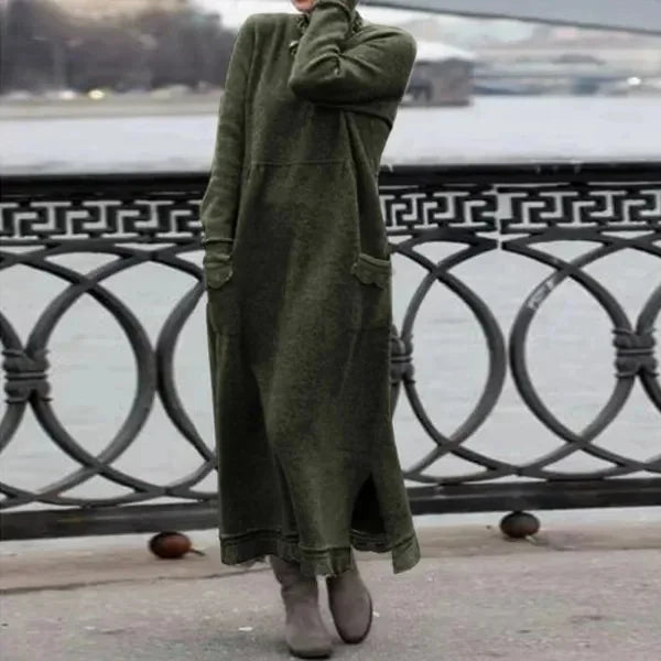 2024 Autumn Winter New Long Dresses For Women Flower Lace Edge Loose Maxi Dress Casual Long Female Solid Color Pocket Vestidos