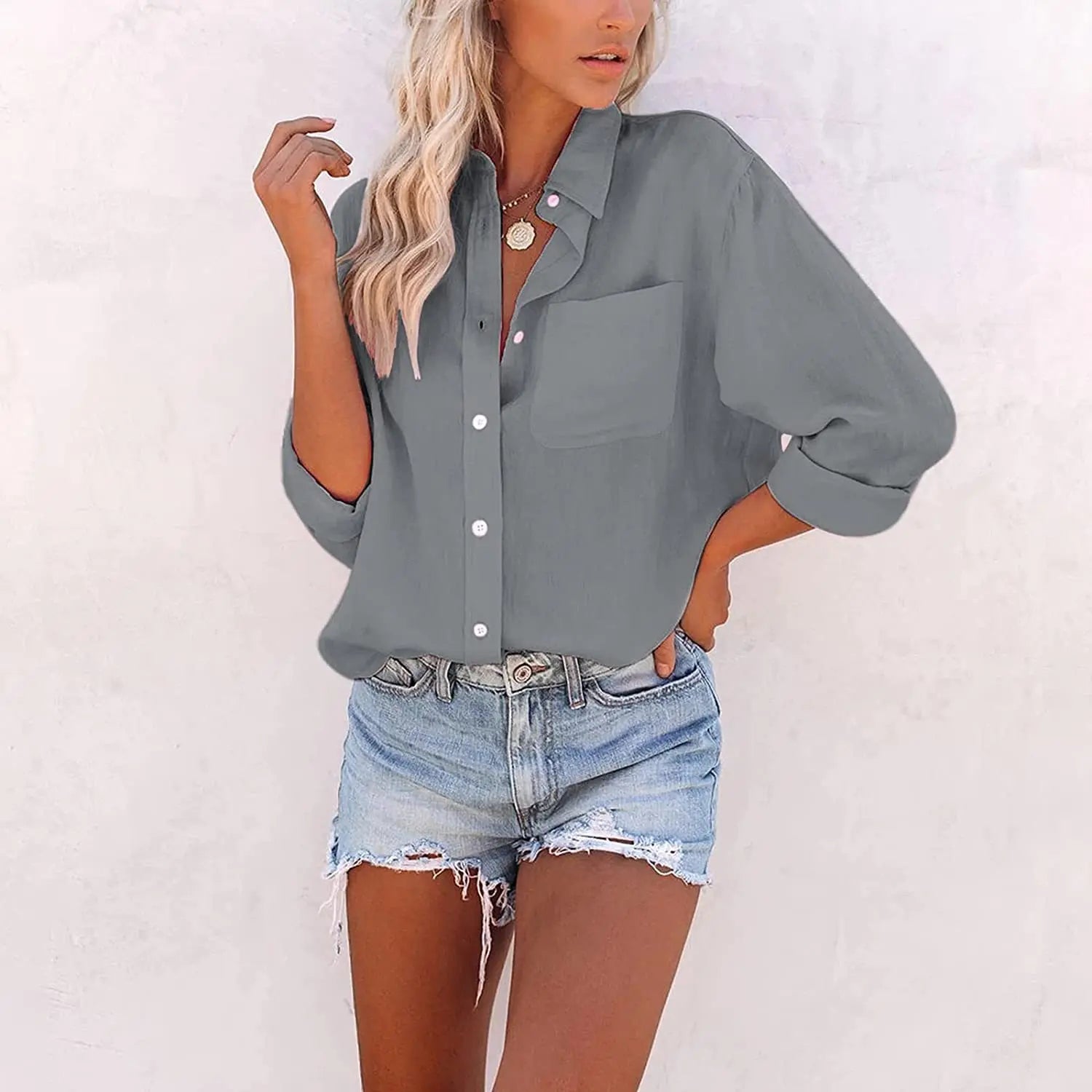 Women's White Shirt Long Sleeve Lapel Fashion Button Top Pocket Pink Casual Office Commuting Black Shirt