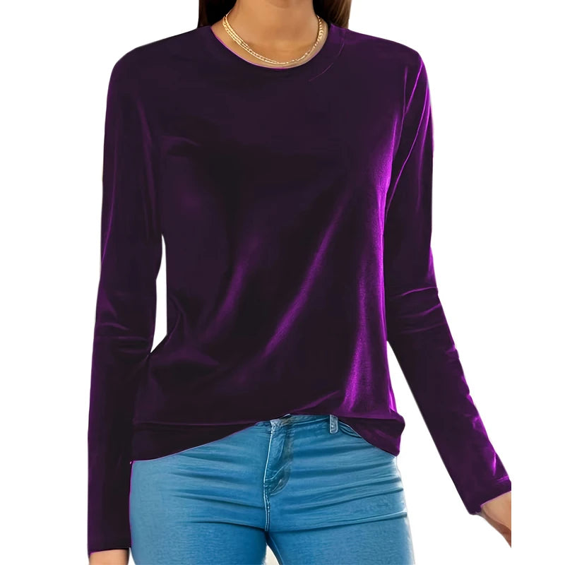 Plus Size Women's Tops 2025 New Solid Color Round Neck Long Sleeve Shirt Slim Stretchy Blouse Casual Loose Fit Tunic Top 1XL-5XL
