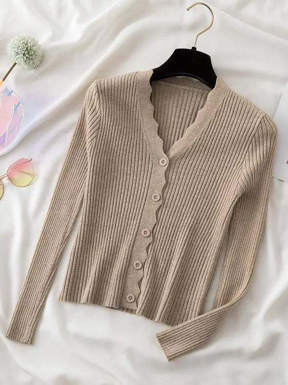 Sweater Knitted Cardigan Button Jacket 2023 Autumn Winter V-neck Long Sleeve Casual Tops For Women Sweater Green