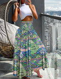Women's High Waist Elastic Printed Long Skirt A-Line Flowy Maxi Skirt Bohemian Style Casual Beach Skirt