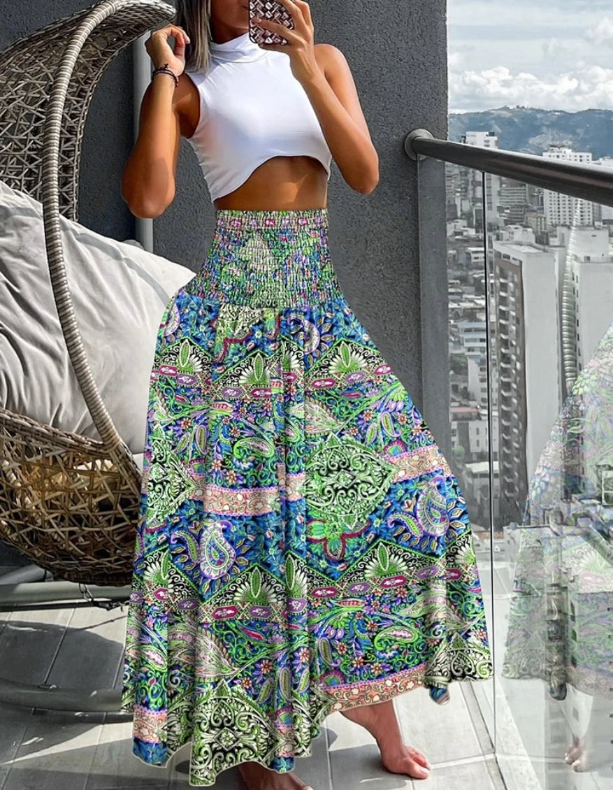 Women's High Waist Elastic Printed Long Skirt A-Line Flowy Maxi Skirt Bohemian Style Casual Beach Skirt