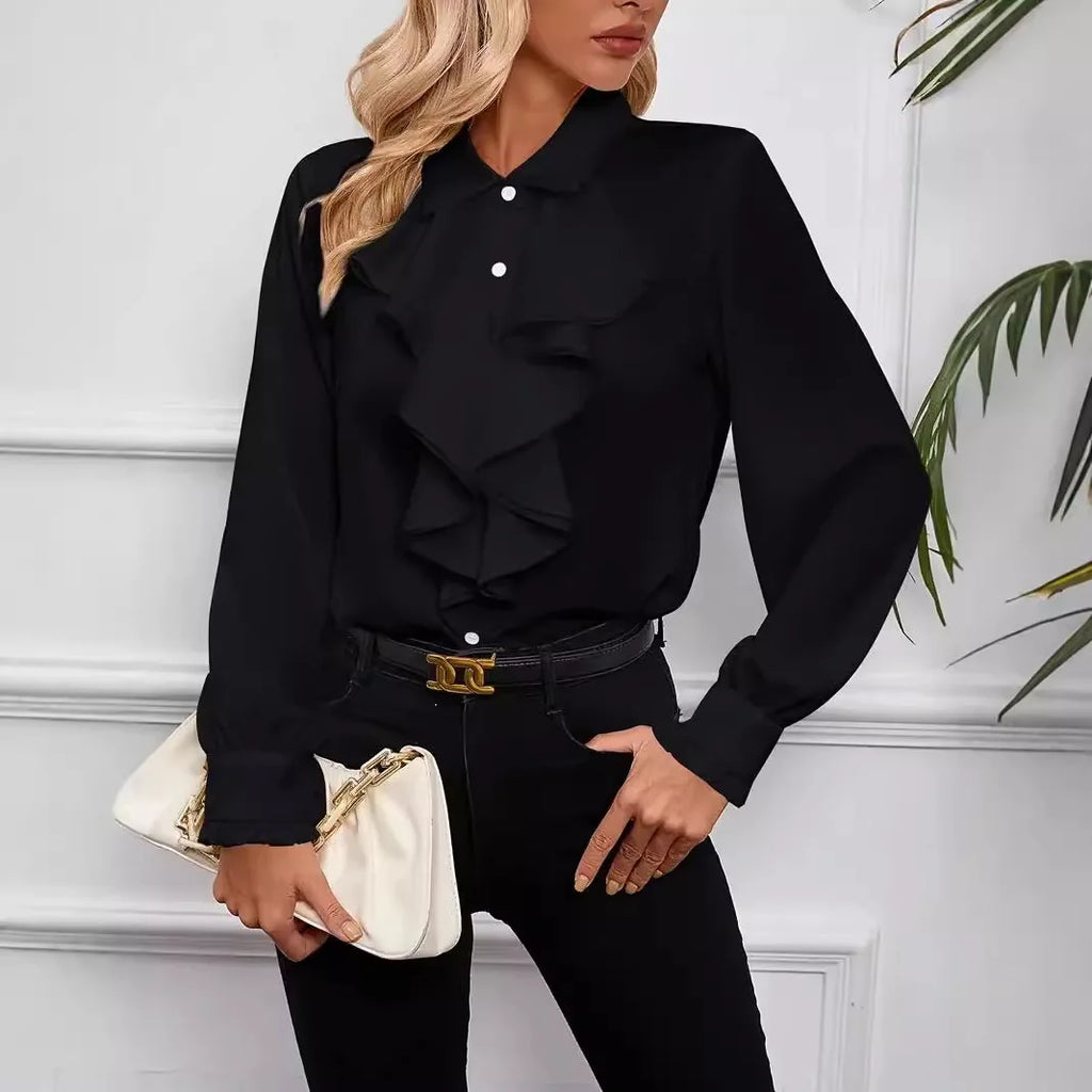 Autumn Fashion Ruffled Collar Solid Color Long Sleeve Shirt for Women Tops Satin-Like Button-Down Elegant Blouse