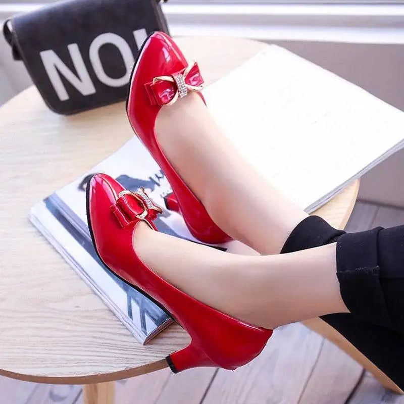 Women High Heels Low Heels Fashion Bow patent leather Professional Work Casual Shoe Woman Wedding Party Shoes Large Size 42