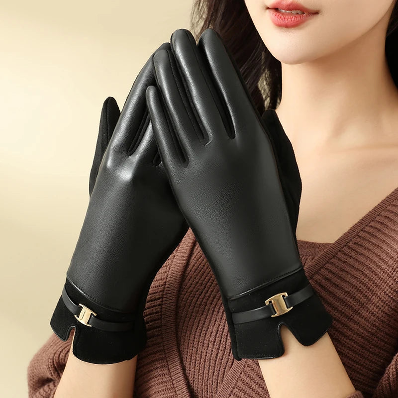 1 Pair of Gloves for Women in Winter Fleece-Lined to Heattech and Touch Screen Pu Elegant and Exquisite Cycling and Driving Gloves