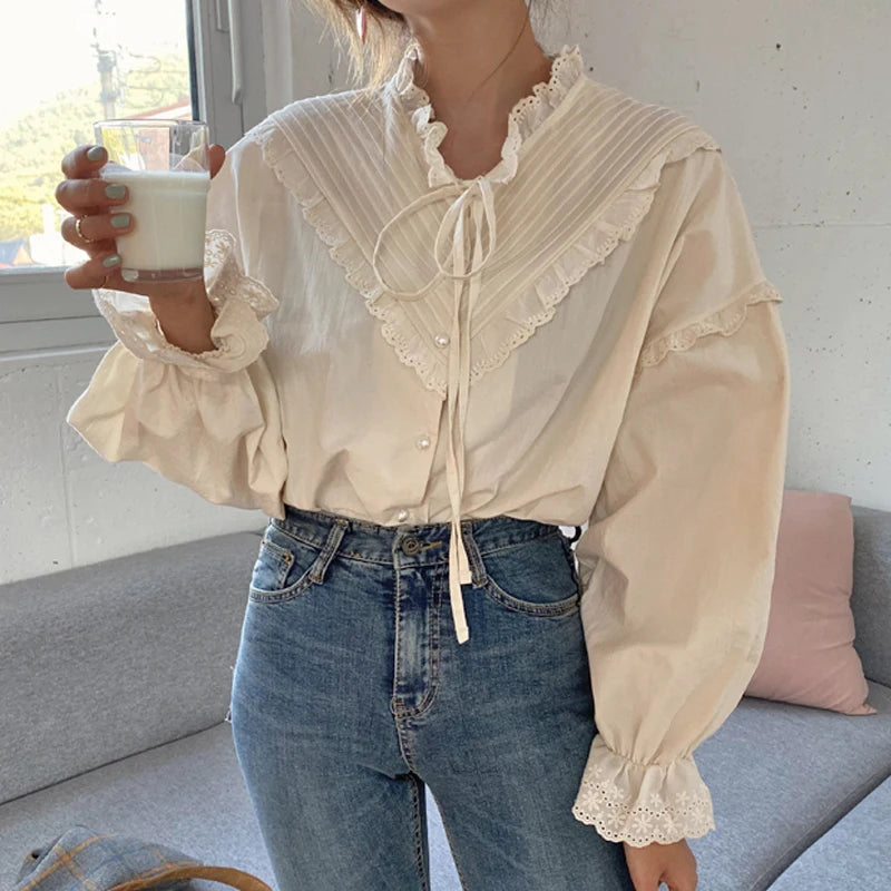 Blusas Mujer De Moda 2023 Casual Women Shirt Spring Loose Vintage Tops Korean Style Long Lantern Sleeve Women Blouse Elegant