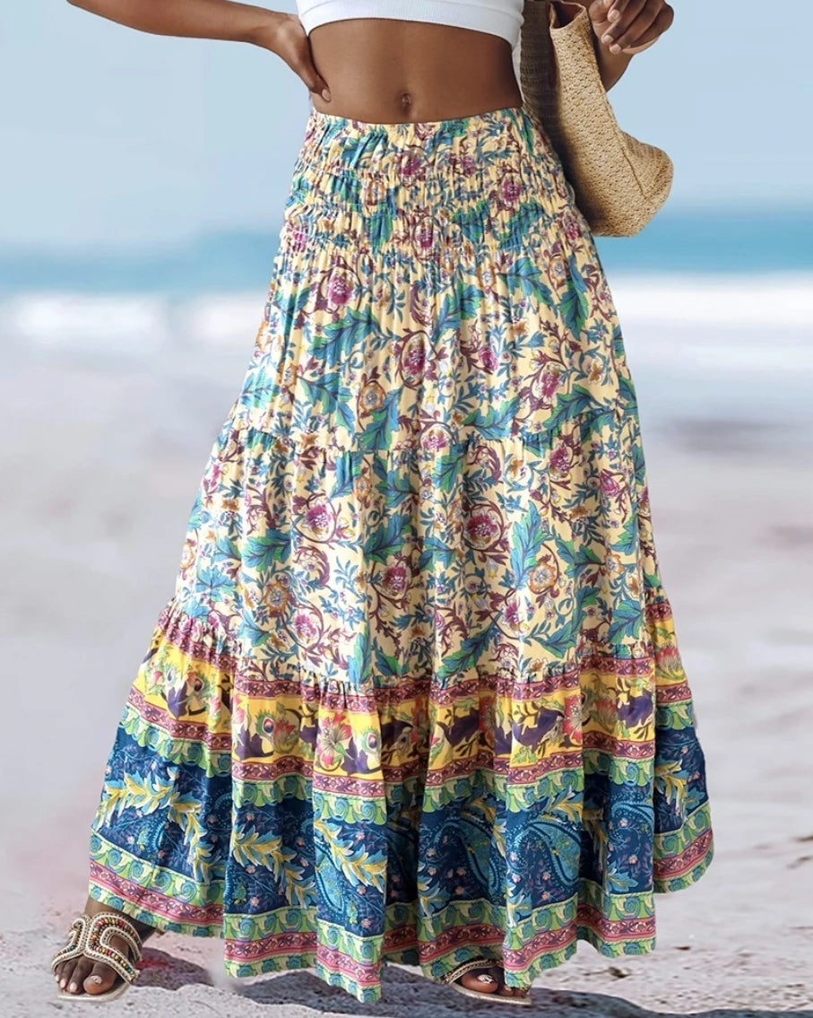 Smocked Tiered Boho Floral Maxi Skirt