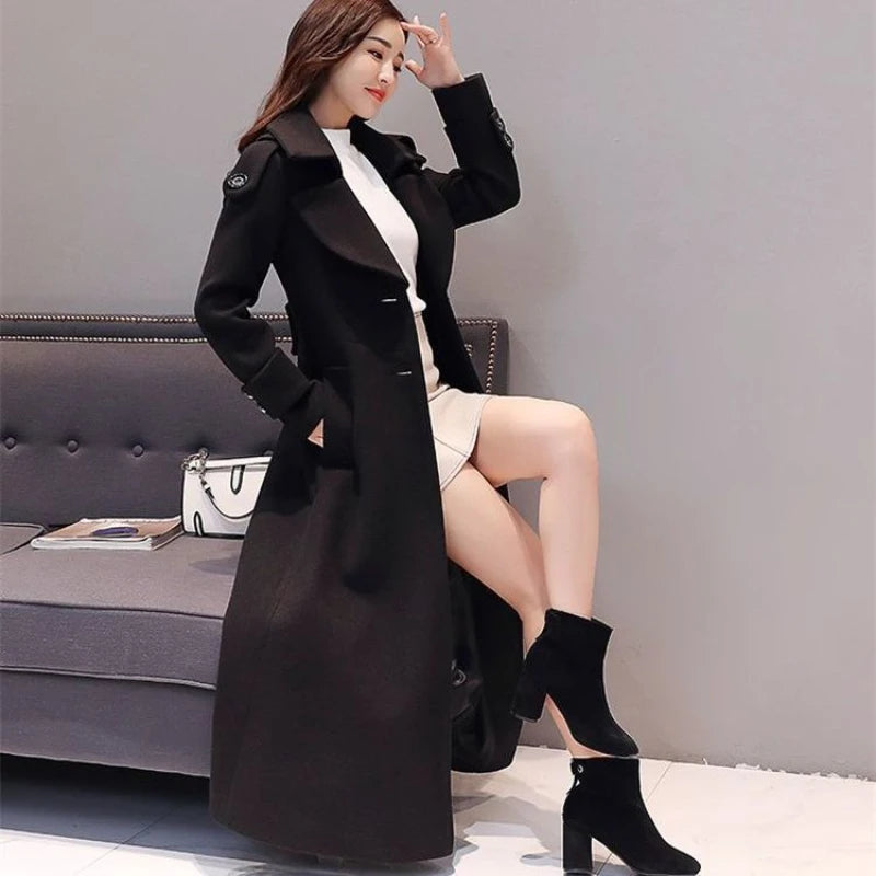 Women's Long Woolen Coat 2026 Spring Autumn New Korean Waist Slimming Over-Knee Thick Keep Warm Woolen Coat Lady Overcoat