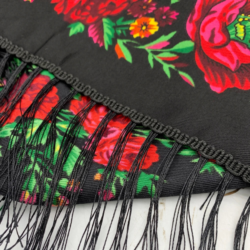 Russian Square Scarf Women Luxury Floral Print Fringed Bandana Scarves Pareo Lady Headband Scarves Babushka Head Wraps