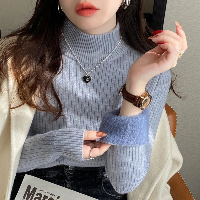 Women's Turtleneck Sweater Winter 2026 with Velvet Lining Thickened Inner Wear Thermal Knitting Bottoming Shirt Pullovers