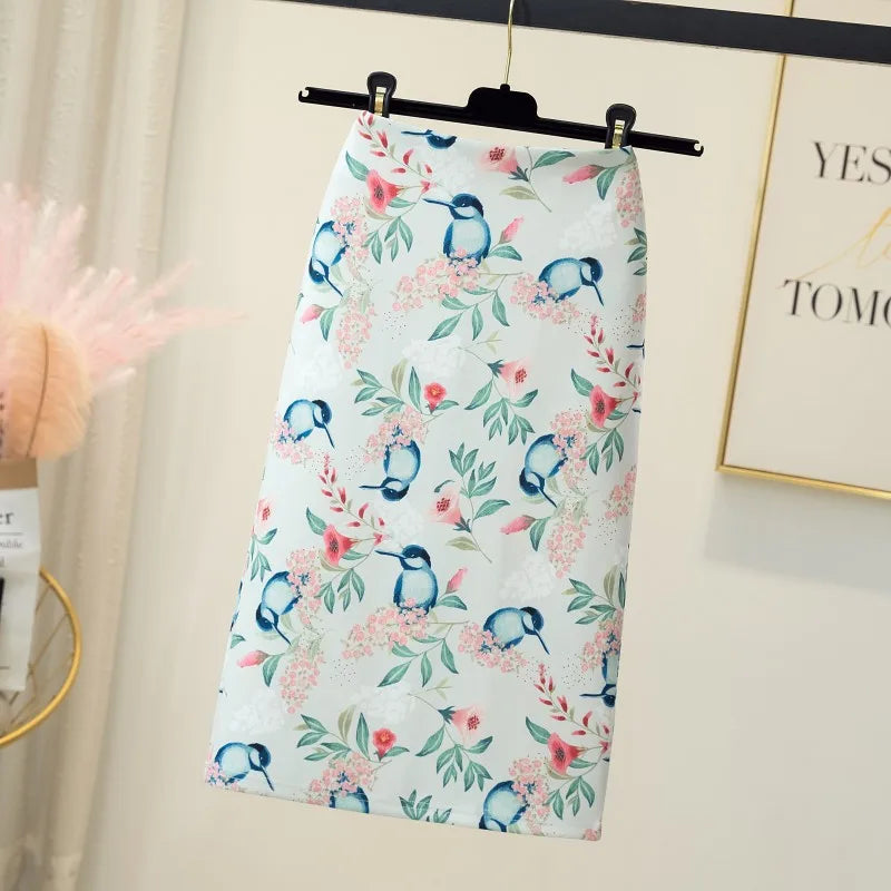 Fashion Midi Skirt For Women Flora Printed High Waist Pencil Skirt Female Causal Flower Bodycon Skirt With Slit