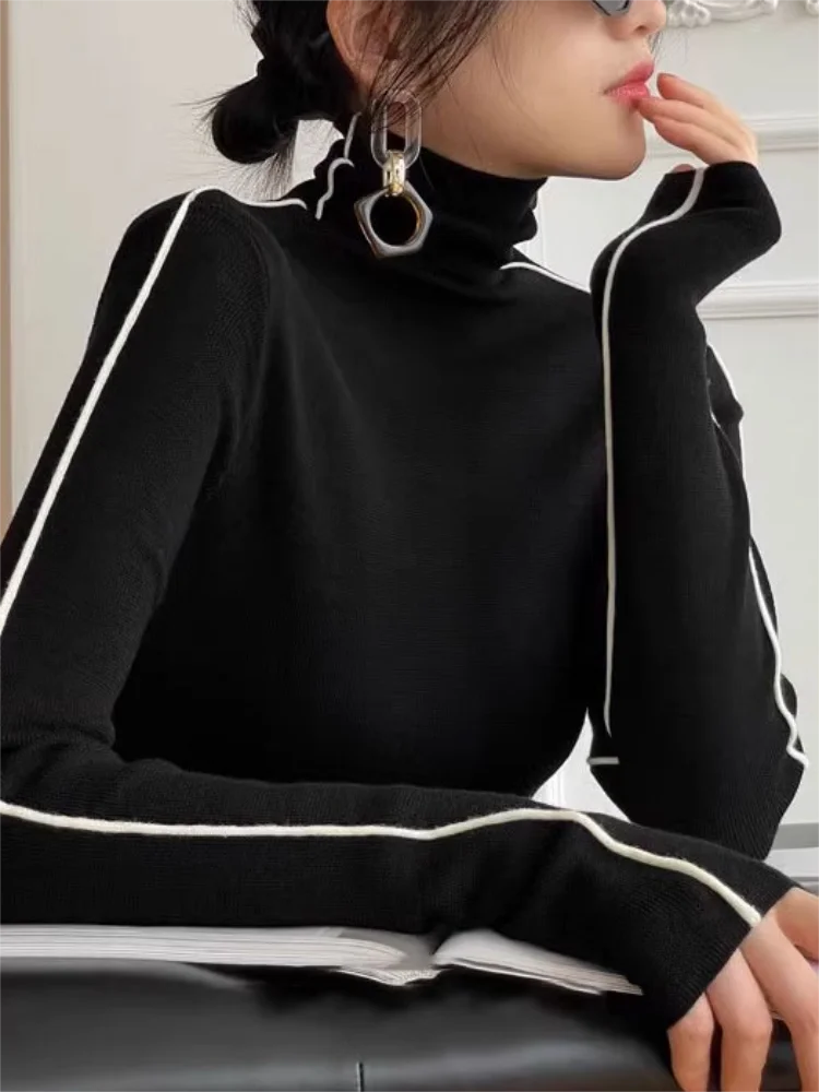 Fashion High Neck T-shirt Women Autumn Winter Trendy Color Blocking Slim Fit Tops Female Base Simplicity Long Sleeved Tops