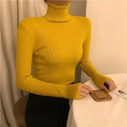 Women Heaps Collar Turtleneck Sweaters Autumn Winter Slim Pullover Women Basic Tops Casual Soft Knit Sweater Soft Warm Jumper