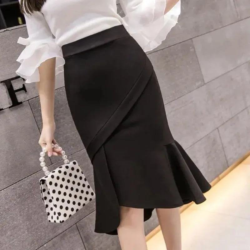 Womens Black Asymmetric Ruffle Mermaid Skirt High Waist Bodycon Pencil Skirt