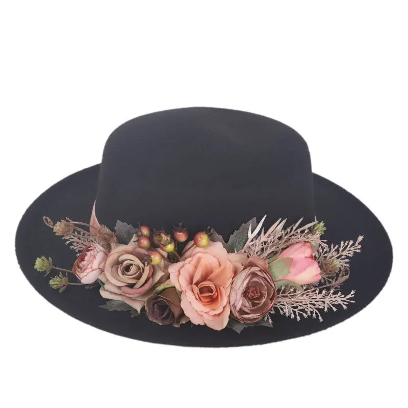 Fedora Hats Women's Flower flat cap Fashion Autumn Winter Warm Flat Top Basin Hats British Vintage Top Hats