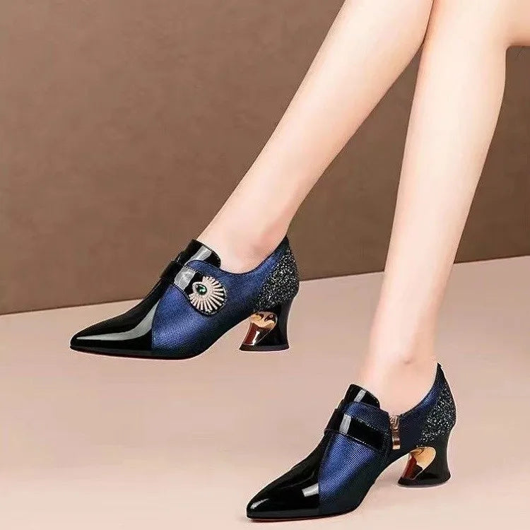 Deep Mouthed Color Blocked High Heels 2025 Spring Autumn New Style Thick Heel Fashionable Pointed Side Zipper Leather Shoes