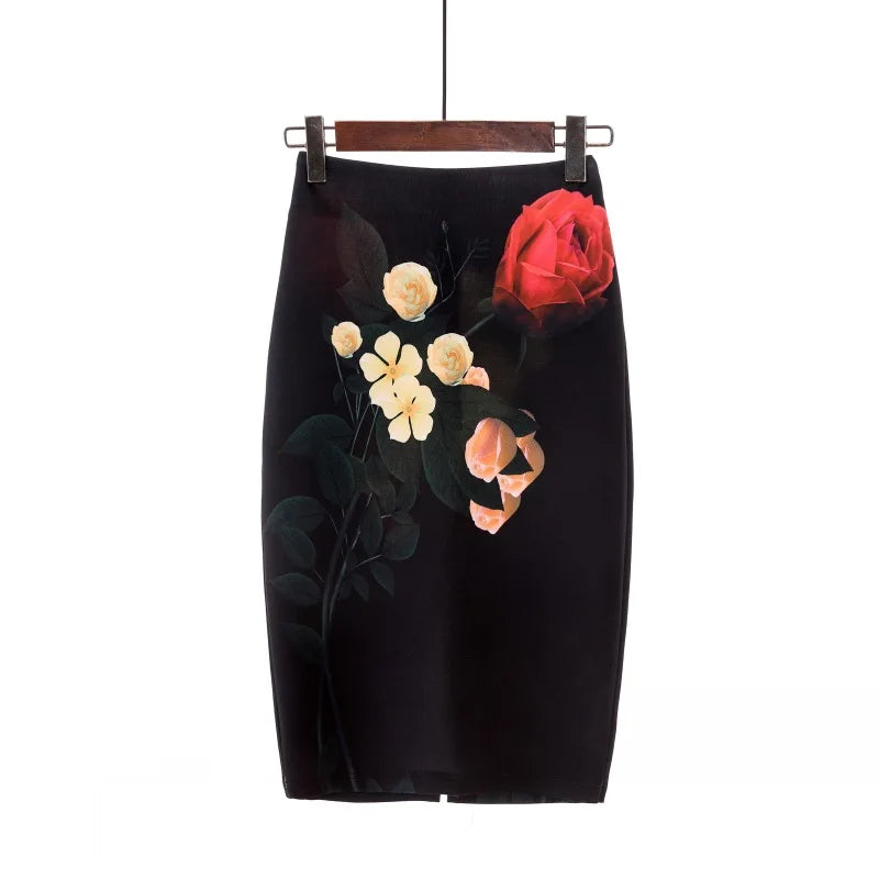 Fashion Midi Skirt For Women Flora Printed High Waist Pencil Skirt Female Causal Flower Bodycon Skirt With Slit