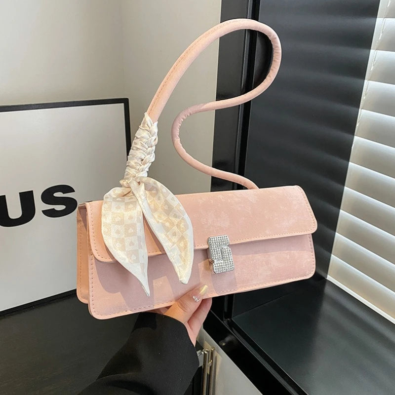 Trendy Elegant Shoulder Purse ,with Silk Scarf Accent Rhinestone Buckle Handbag Versatile Women's Bags Daily Casual Underarm Bag