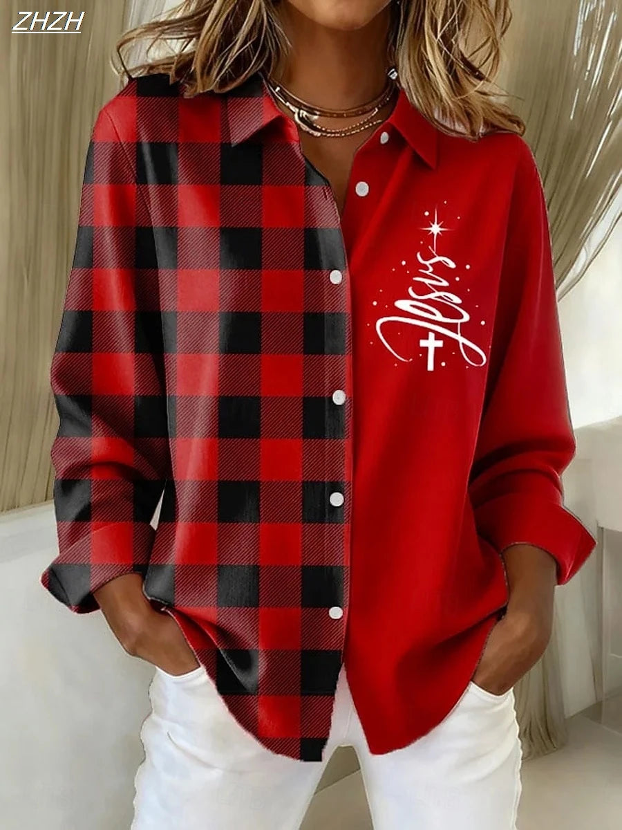2025 Christmas Women's Shirt Blouse Graphic Plaid Polka Dot Vintage Stylish Long Sleeve Shirt Collar Regular Tops Fall Winter
