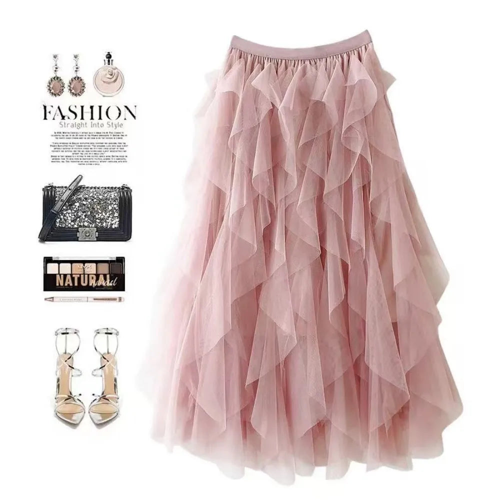 2025 New Fashion Tutu Tulle Skirt Women Long Maxi Skirt Spring Summer Korean Black Pink High Waist Pleated Skirt Female One Size