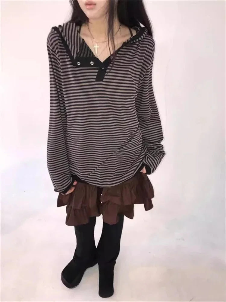 Preppy Style Korean Hoodies Hooded Striped Long Sleeve Sweatshirts 2024 Ropa Mujer Casual Fashion Hoodie Women Clothing Y2k Tops