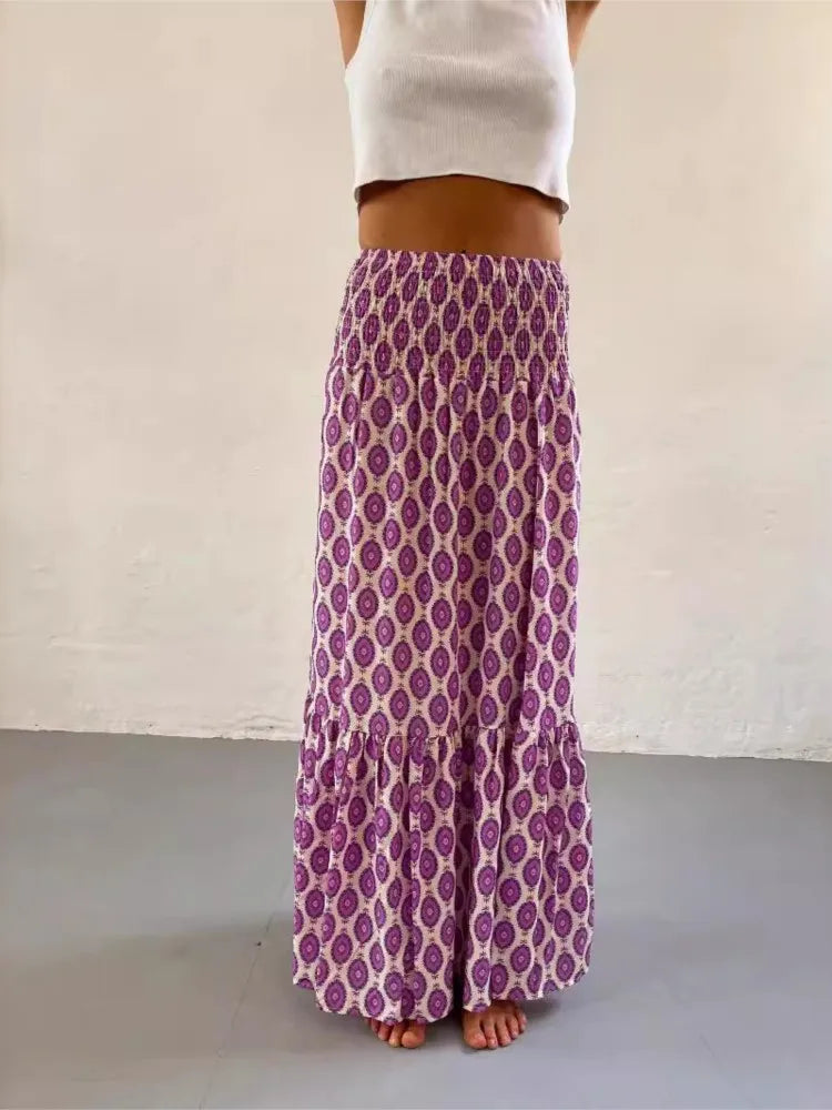 Elastic Waist Floral Print Boho Midi Skirt