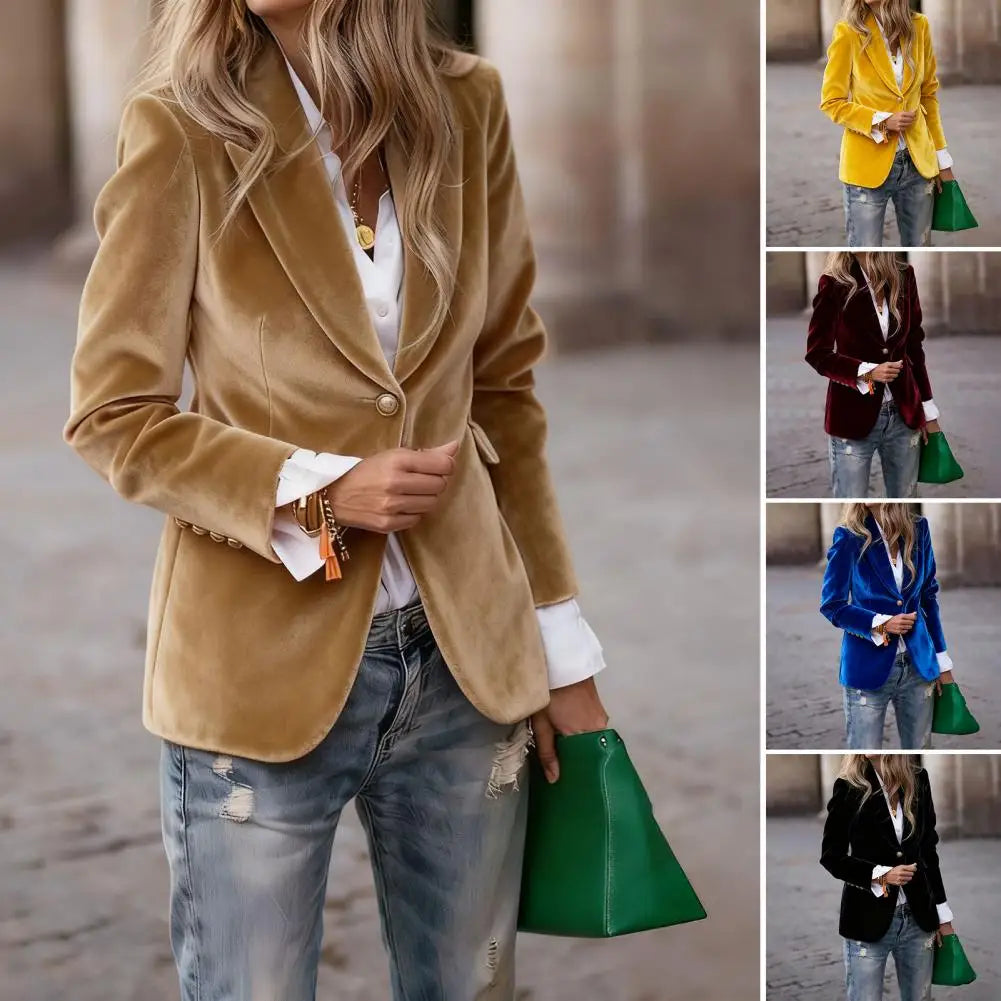 Elegant Velvet Blazer for Women Single Button Lapel Female Blazer Jacket Slim Fit Office Lady Outerwear Coat Spring Autumn Women