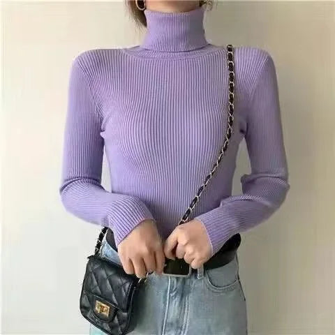 Women Heaps Collar Turtleneck Sweaters Autumn Winter Slim Pullover Women Basic Tops Casual Soft Knit Sweater Soft Warm Jumper