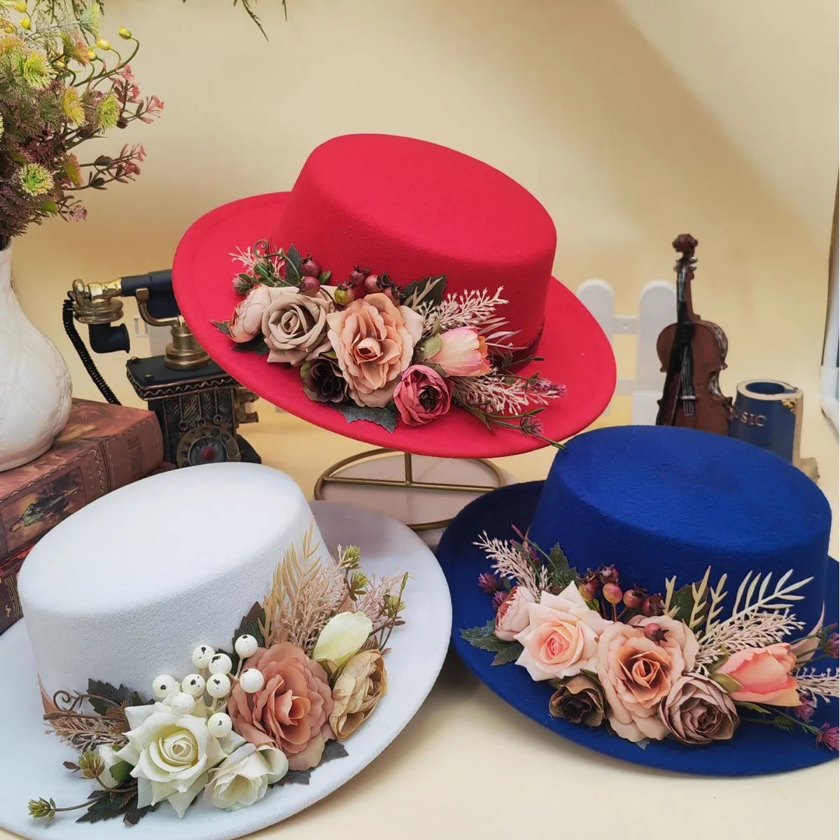 Fedora Hats Women's Flower flat cap Fashion Autumn Winter Warm Flat Top Basin Hats British Vintage Top Hats