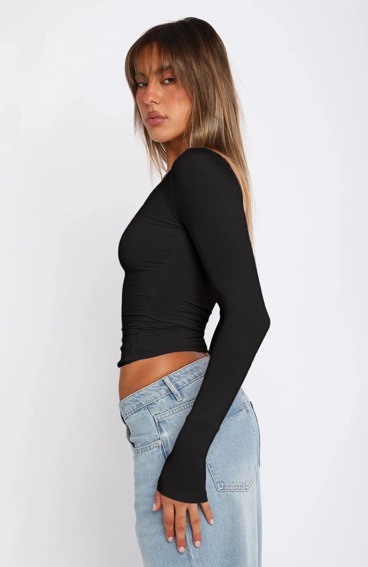 Long Sleeve U Neck Crop Top Women Sexy  Female Slim Tight Tee Casual Summer Tee Clothes Streetwear Brown women clothing