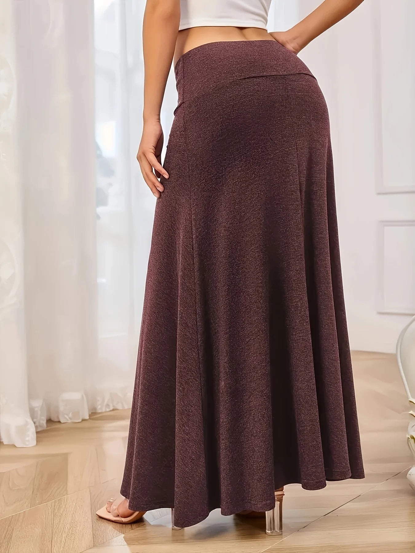 Plus Size Elastic Knitted High Waist Skirt 1XL-5XL Solid Slimming Flared Maxi Skirt Versatile Daily Wear