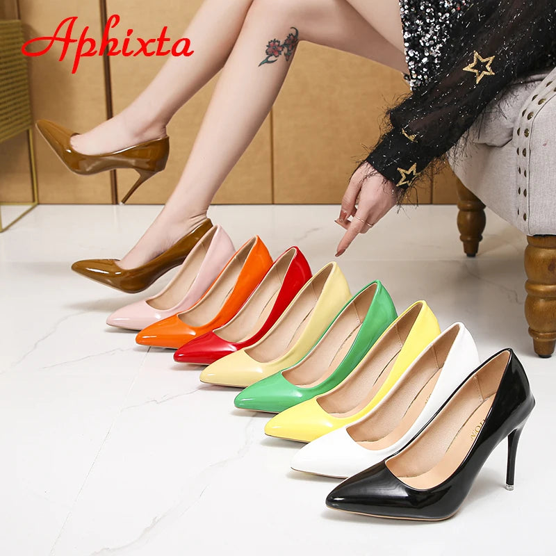Aphixta 2026 Green Super High 3.94inch Stiletto Heels Women's Pumps Thin Heels Pointed Toe Colorful Patent Leather Office Shoes