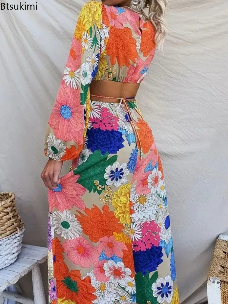 Boho Floral Lace-Up A-Line Maxi Dress