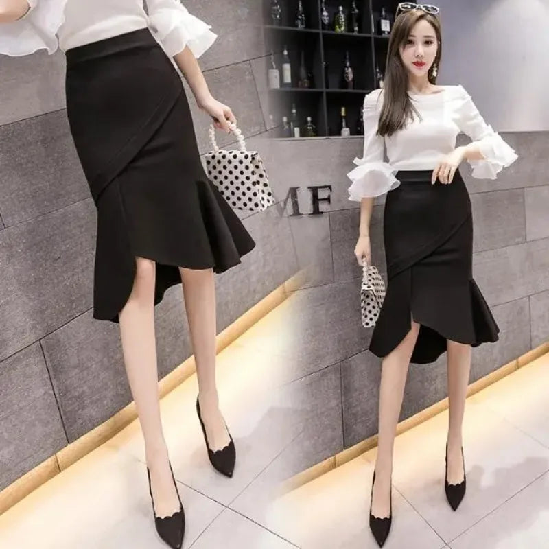 Womens Black Asymmetric Ruffle Mermaid Skirt High Waist Bodycon Pencil Skirt